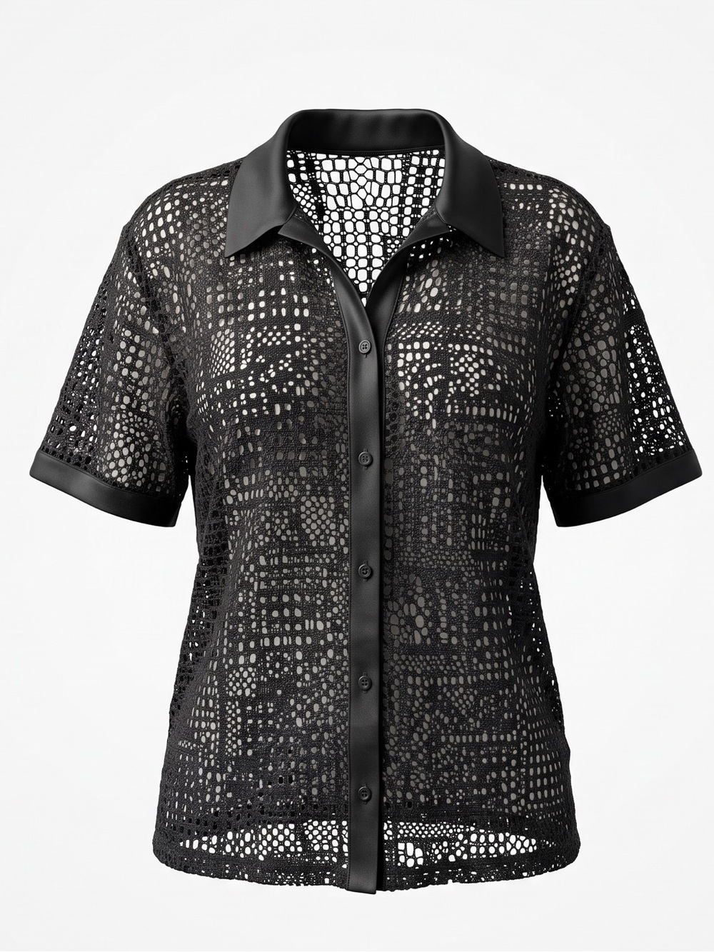 Divided Black Crochet Button-Down Shirt